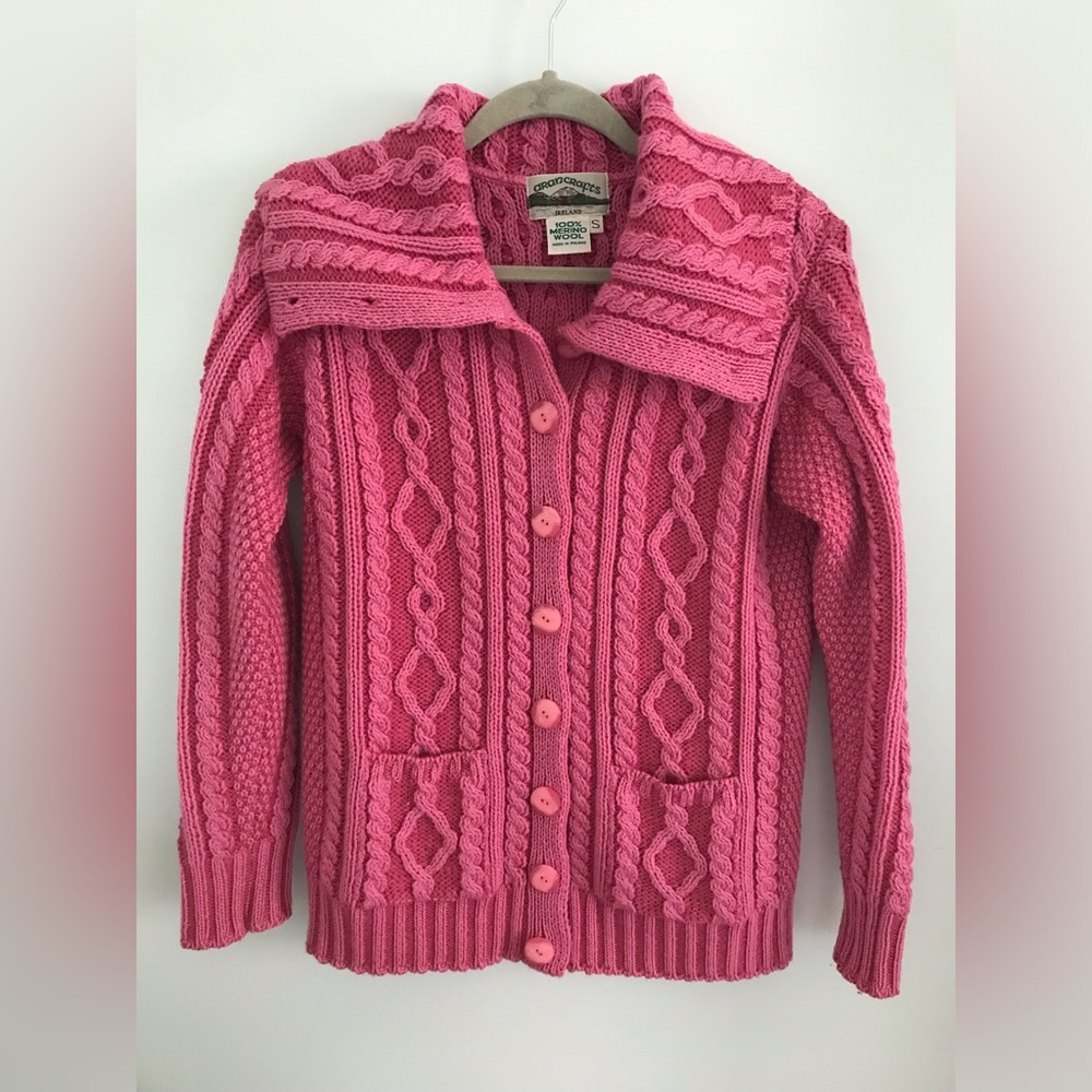 Aran Crafts 100% Merino Wool Made In Ireland Pink Cardigan Size Small